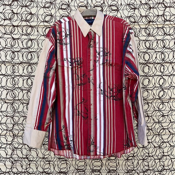 Vintage 90s Wrangler Bull Rodeo Stripe Maroon Tan Long Sleeve Pearl Snap Shirt - Picture 1 of 5